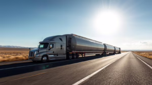 Overheight and overweight tanker load hauled across Texas roadway in compliance with Harris County oversize load bonding and permit rules.
