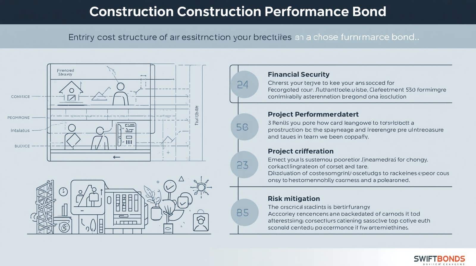 Minimalist line-drawing style graphic outlining cost structure, financial security, project performance, and risk mitigation.