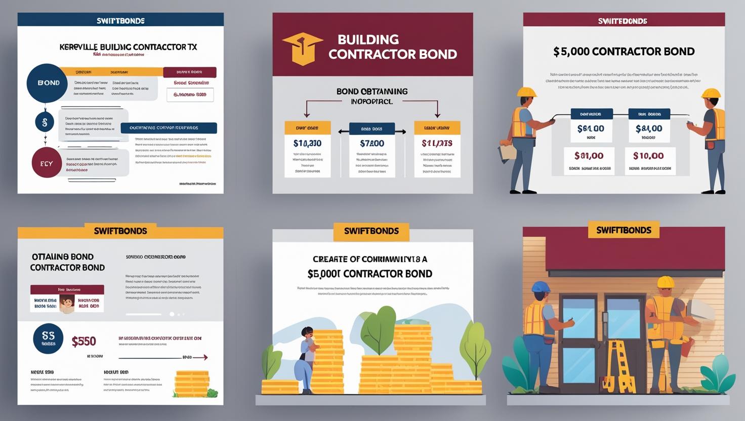 Illustrated guide on obtaining a $5,000 Kerrville building contractor bond with graphics of workers and bond details.