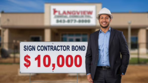 Longview, TX sign contractor displaying $10,000 sign contractor bond requirement in front of city offices to demonstrate licensing compliance