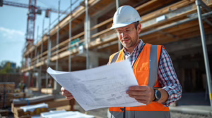 Licensed Lumberton contractor wearing hard hat reviewing architectural plans for bonded construction project compliance.