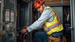 Electrician working inside breaker panel in Lumberton TX secured under city-mandated electrical contractor surety bond.