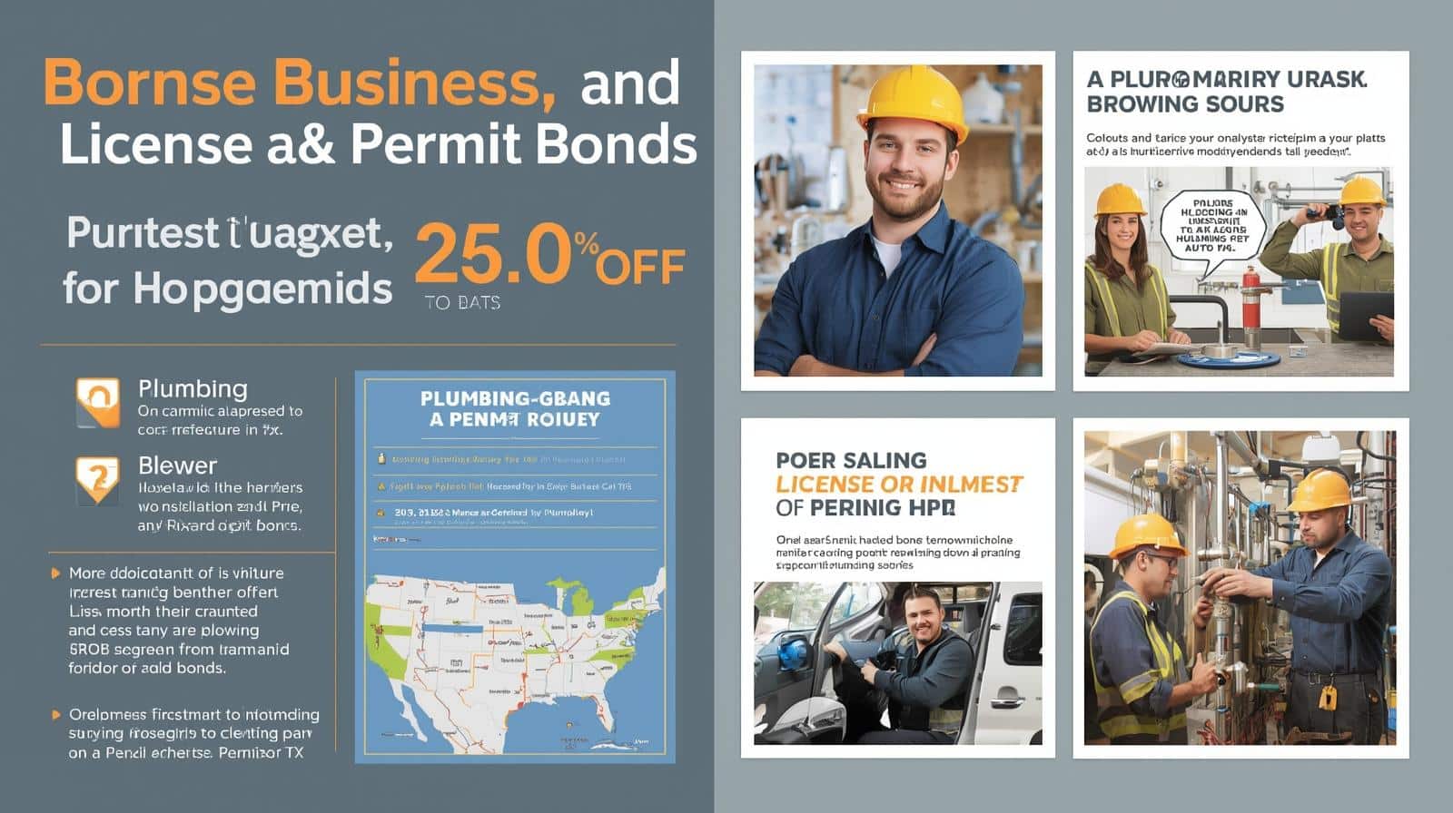 Informational poster featuring plumbing business bonds, licensing details, and visuals of workers, compliance, and equipment.