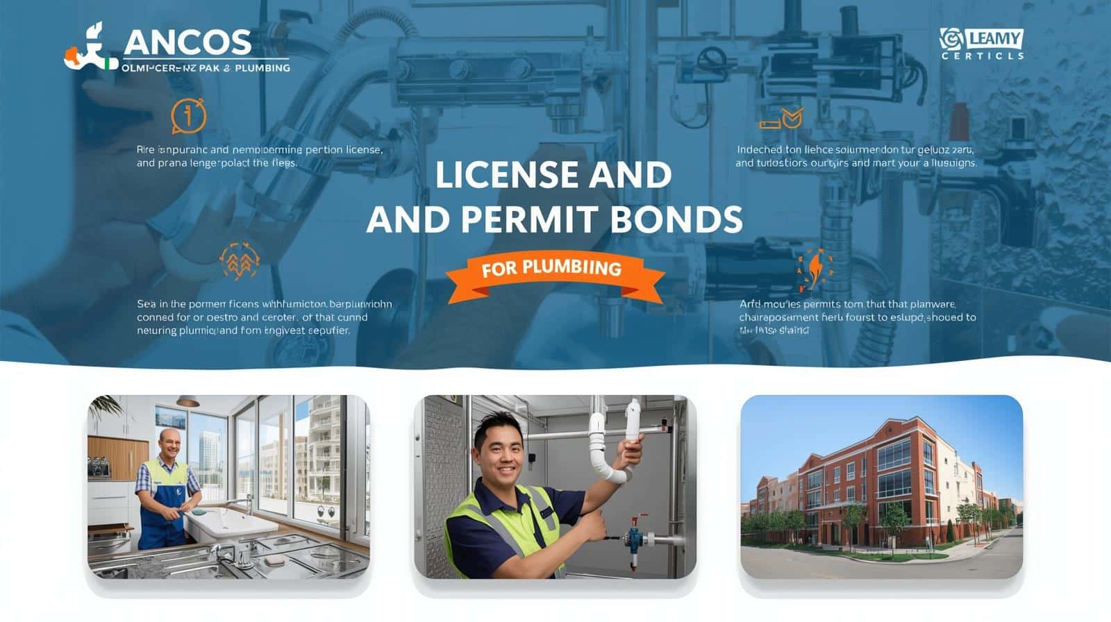 Visual layout showing plumbing license and permit bond details with images of plumbers at work and local construction.