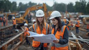 Contractors reviewing blueprints at a public construction project secured by a statutory performance bond