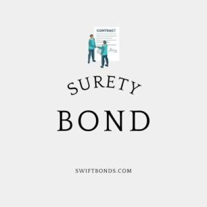 Surety Bond - The logo shows a two persons hand shaking and a contract document in an off white colored background.
