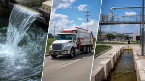 Municipal utility district solid waste collection bins supporting public sanitation and community services.
