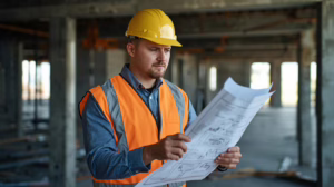 General contractor reviewing construction blueprints on a job site to comply with Universal City, Texas bonding and licensing requirements