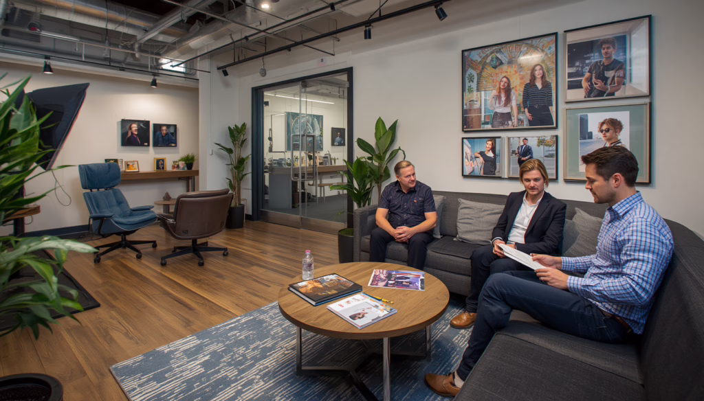 Florida Screen Actors Guild talent agency professionals discussing actor representation, casting opportunities, and surety bond requirements in a modern office.