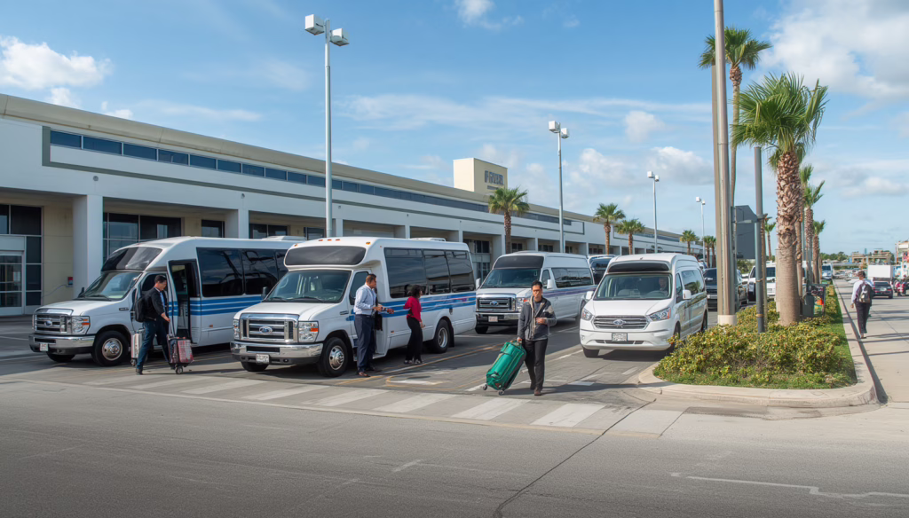 Passengers boarding licensed airport shuttle vans at Sanford Airport, illustrating compliant ground transportation business permit operations in Florida.