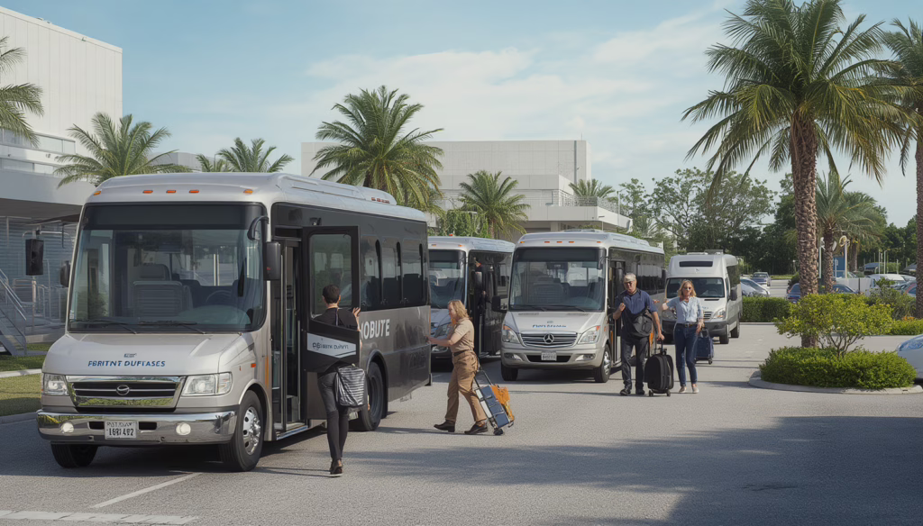 Commercial airport shuttle buses providing regulated passenger transportation at Sanford Airport under an Airport Authority Ground Transportation Business Permit.