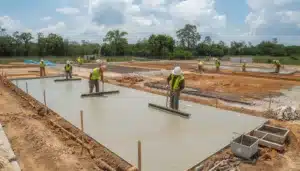 Workers finishing a concrete slab for a Florida cement contractor construction project requiring a contractor bond