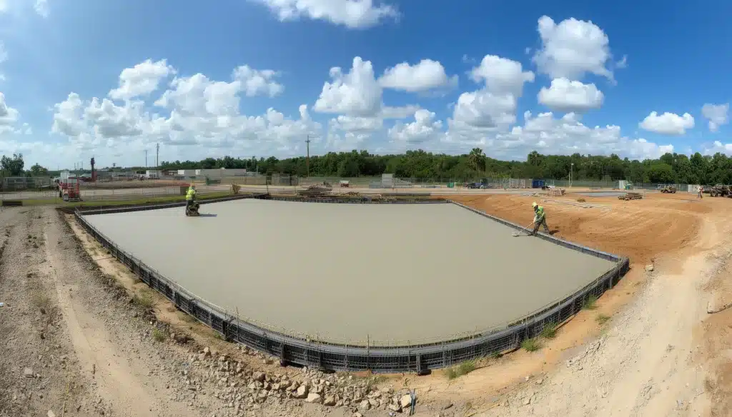 Florida cement contractor smoothing freshly poured concrete slab at an active commercial construction site