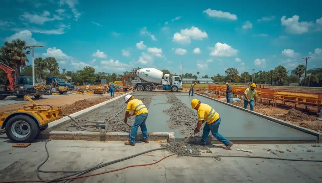 Construction workers pouring and finishing concrete pavement for a Florida cement contractor licensed building project