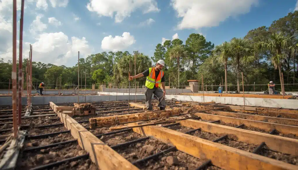Construction crew and excavator working on a commercial foundation requiring a Dundee Township, FL Contractor's License and Permit ($5,000) Bond.