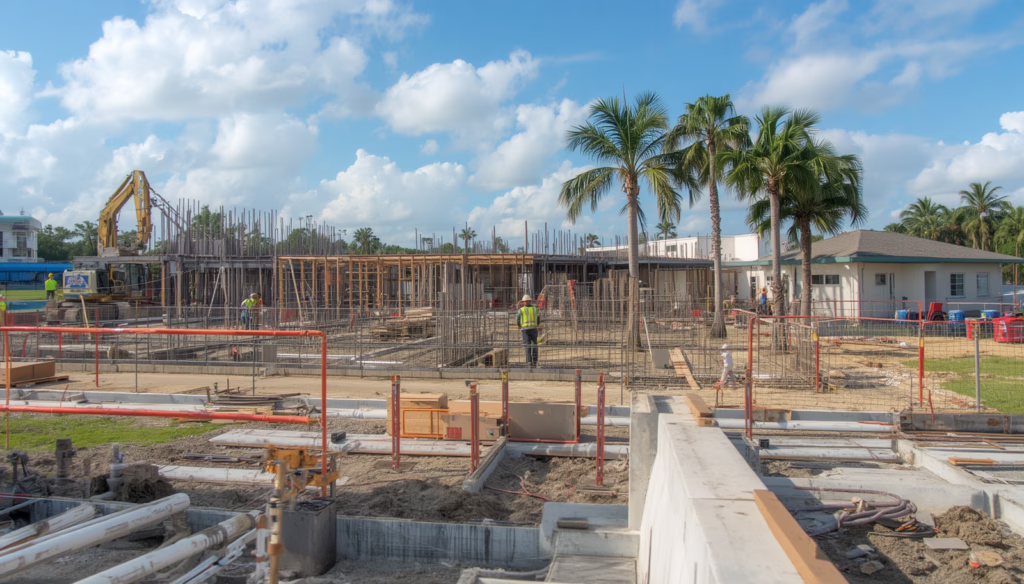 Reinforced concrete commercial construction site demonstrating Florida contractor license bond requirements for licensed builders and safe construction practices.