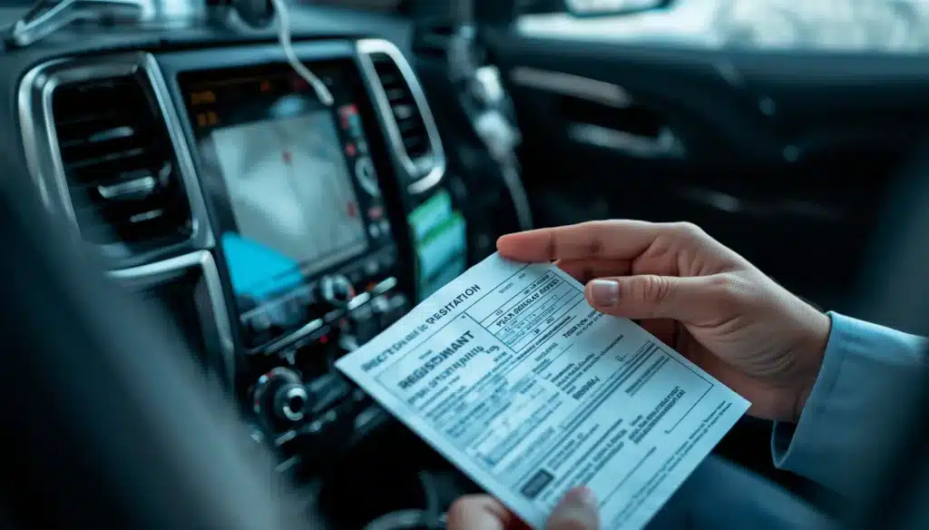 Close-up of a temporary vehicle registration document inside a car for the Florida Electronic Temporary Registration (ETR) Third Party Provider process.