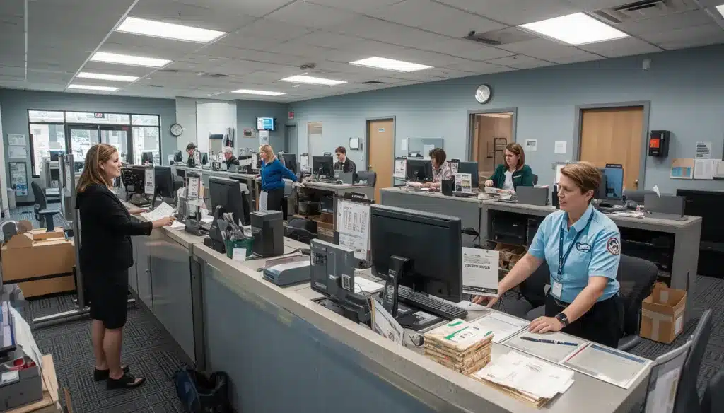 Florida Electronic Temporary Registration (ETR) Third Party Provider office assisting dealerships with temporary vehicle registrations and license plate processing.