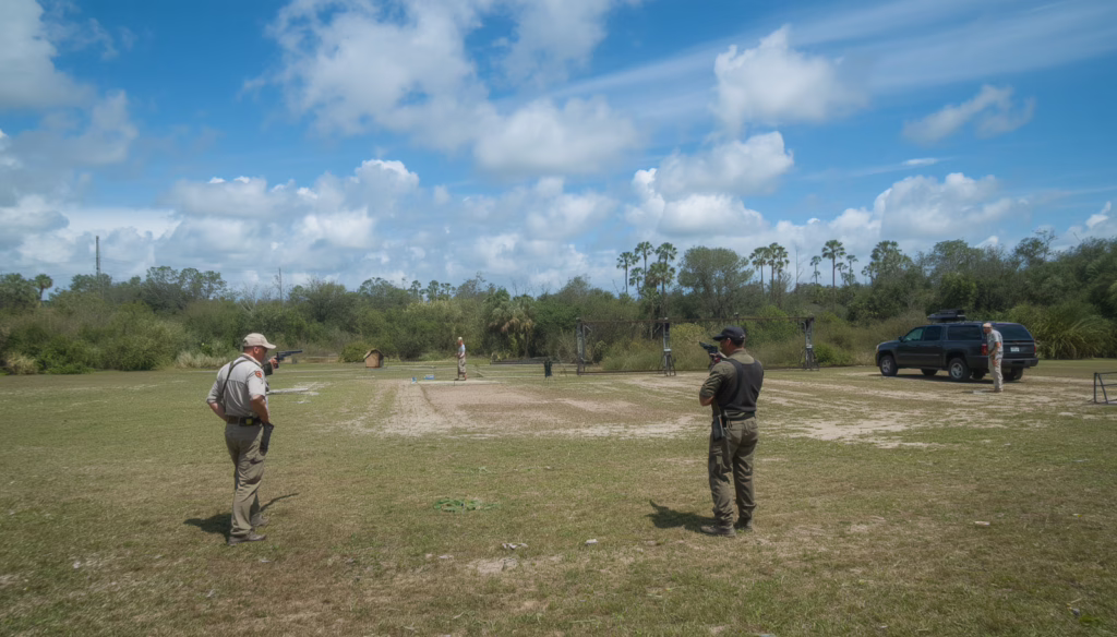 Firearms permit holders completing practical shooting exercises during a Florida concealed carry training session at a certified range.
