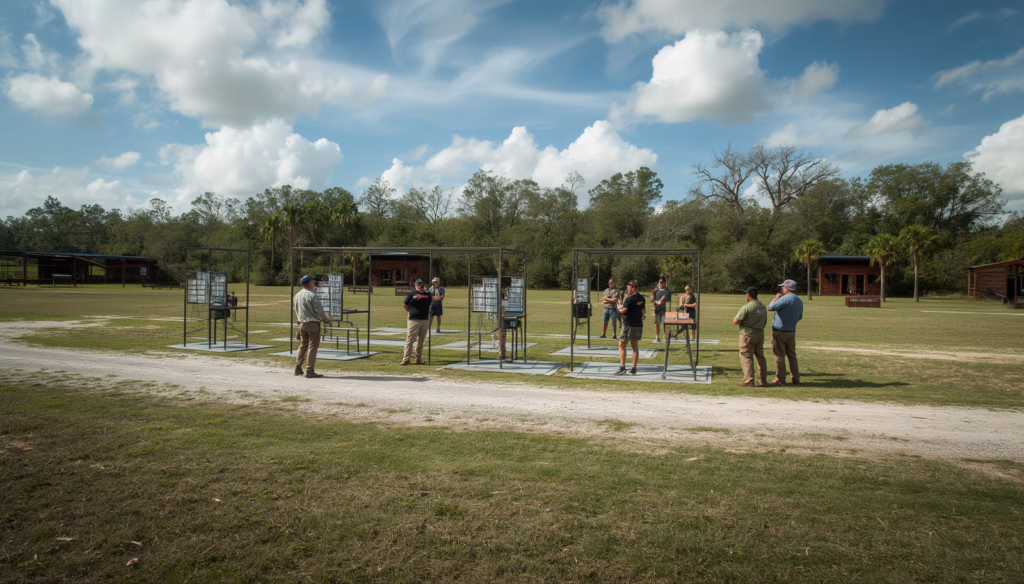 Students attending a Florida firearms permit qualification course with instructors at an outdoor shooting range for concealed carry certification.