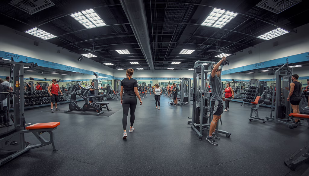 Spacious Florida fitness center featuring gym equipment and active members, illustrating a health studio business covered by a Florida Health Studio ($25,000) Bond.