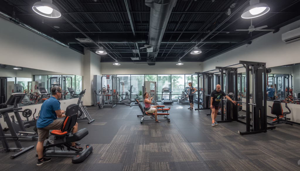 Members working out in a well-equipped Florida gym, representing a compliant health studio protected by a Florida Health Studio ($25,000) Bond.