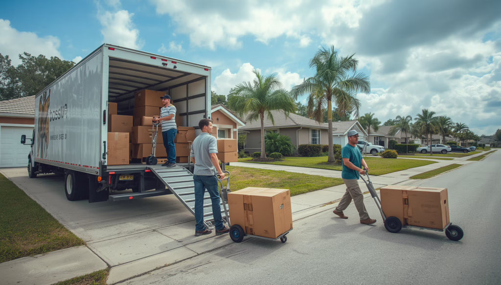 Professional movers performing residential relocation services covered by a Florida Household Moving Services Performance Bond.