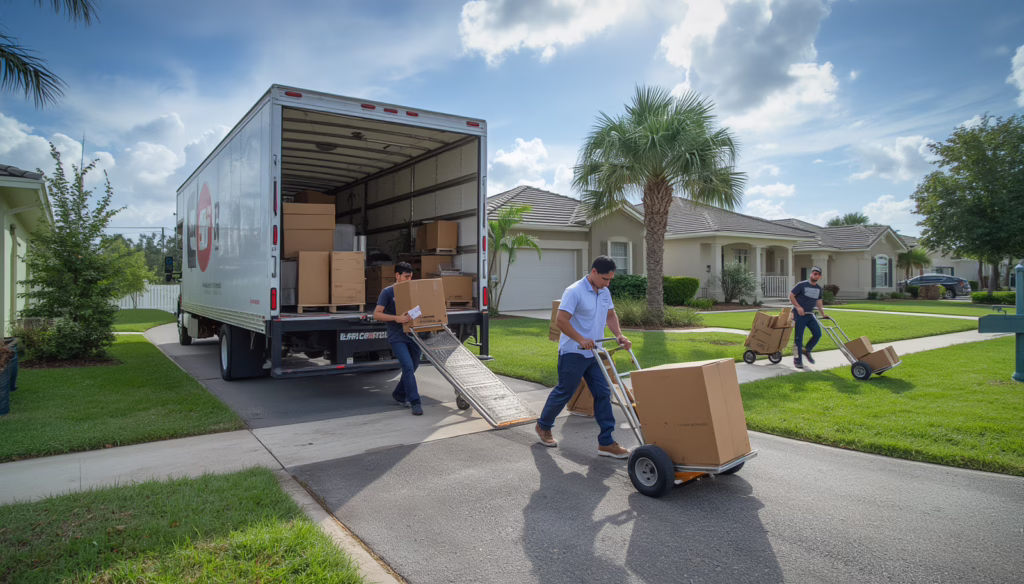 Licensed Florida household moving company transporting customers' furniture and boxed belongings under a required performance bond.