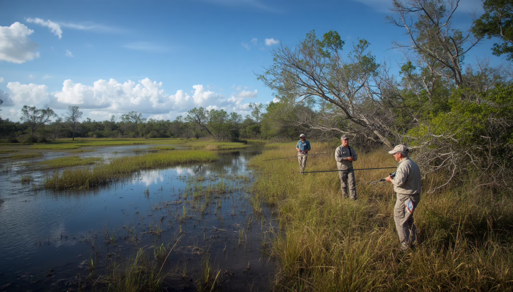 Florida fishing agents enjoying recreational fishing along a scenic wetland shoreline, highlighting licensed fishing activities and Florida hunting and fishing regulations.