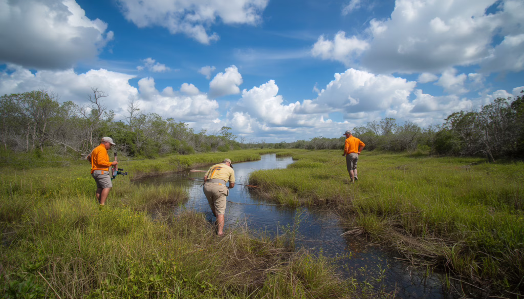 Professional hunting and fishing agents exploring Florida wetlands while fishing, showcasing outdoor recreation, conservation, and Pinellas County hunting or fishing agent bonding.