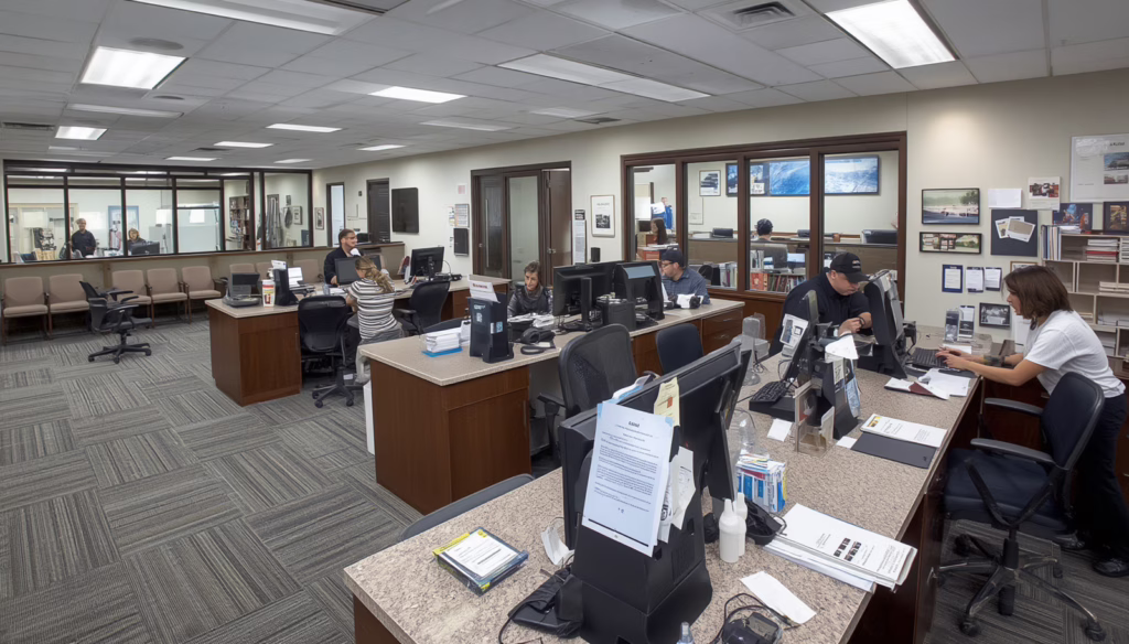 Business owners applying for a Florida license and permit bond at a government licensing office service counter