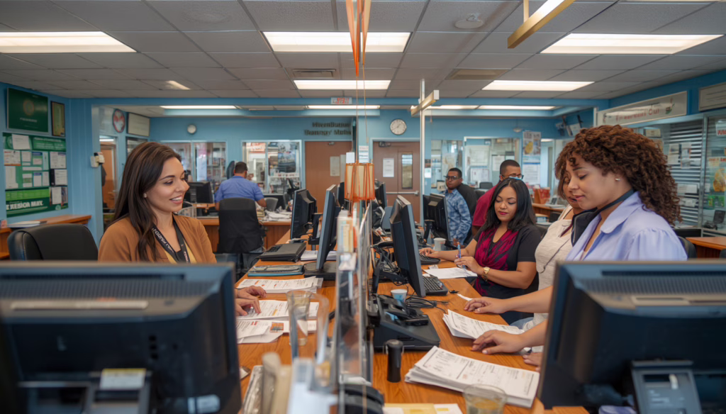 Financial services staff helping clients process Florida Money Services Business Bond documentation and licensing requirements.