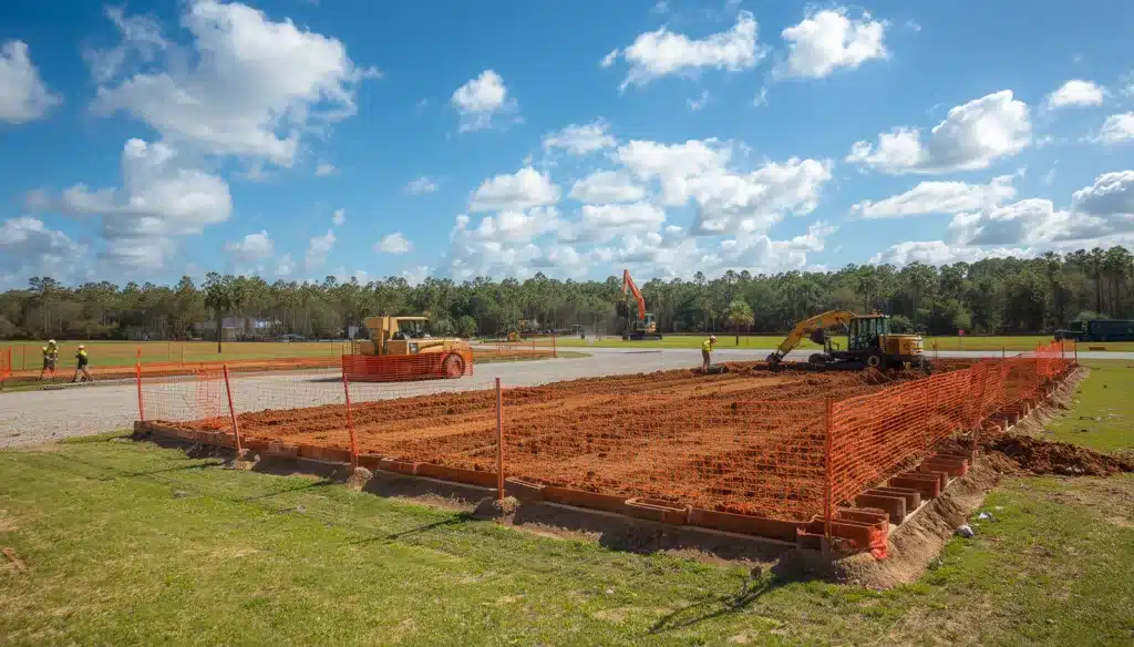 Florida commercial site improvement construction featuring excavation equipment, grading work, and permit-compliant infrastructure development.