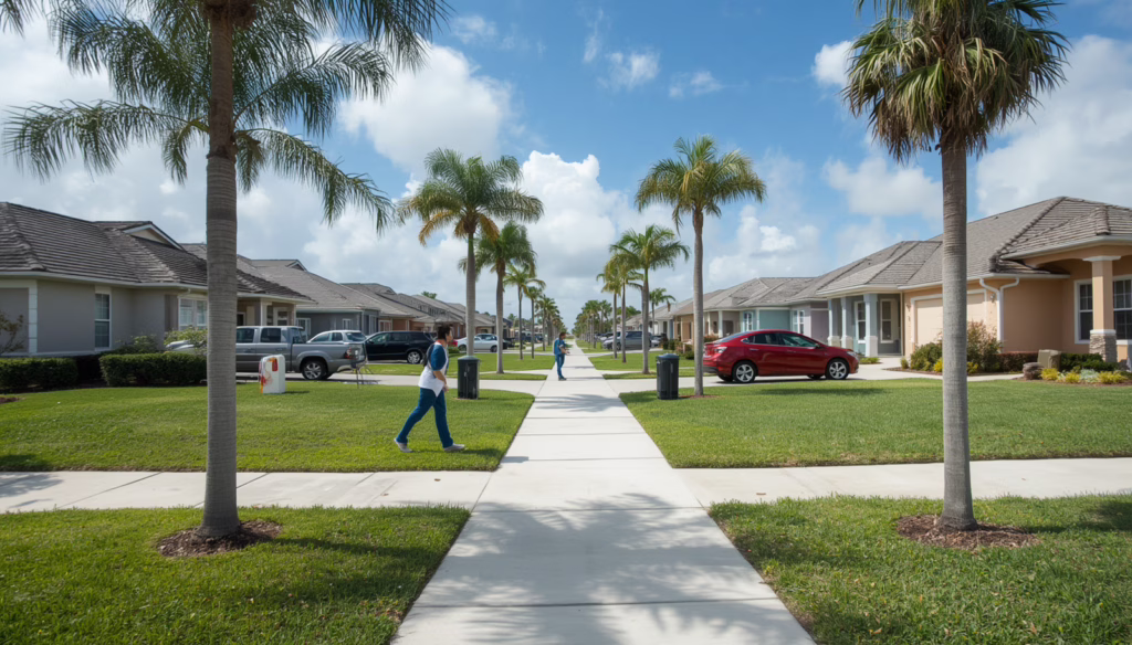 Professional solicitor standing in a Florida residential community with fundraising materials while complying with Florida Professional Solicitor Bond regulations.