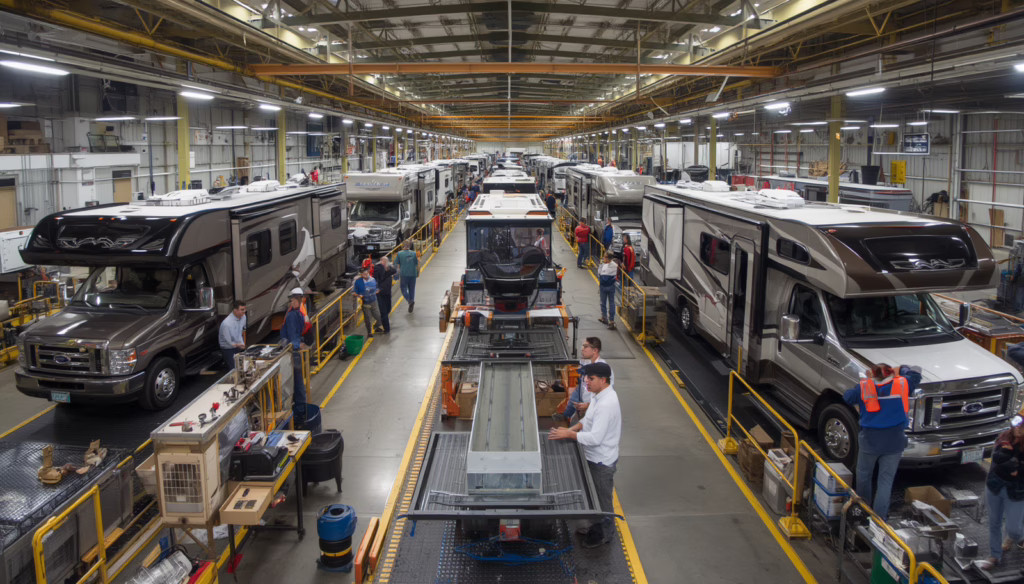 Modern RV manufacturing plant producing motorhomes and recreational vehicles for distribution under the Florida Recreational Vehicle Manufacturer, Distributor, Importer, or Van Converter ($10,000) Bond requirement.