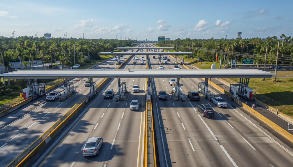 Modern Florida Turnpike toll gantry with steady highway traffic demonstrating electronic toll collection on the Sunshine State Parkway.