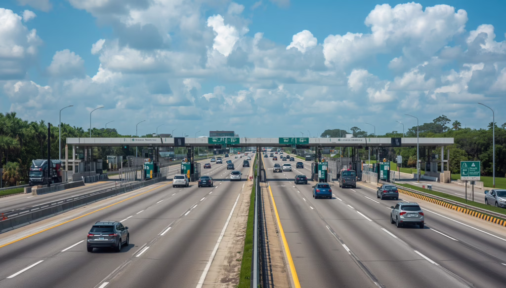 Wide-angle view of a Florida Turnpike toll station featuring multiple toll lanes and vehicles traveling on the Sunshine State Parkway.