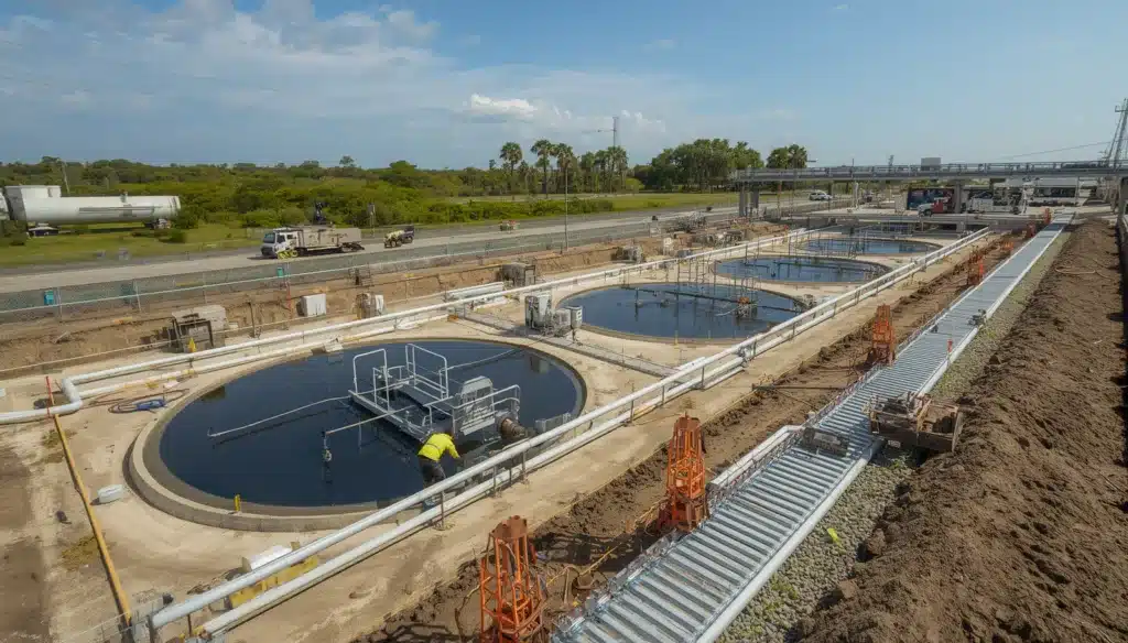 Clay County, FL water and wastewater infrastructure project showing treatment basins covered by a Water and Wastewater Maintenance Warranty Bond.