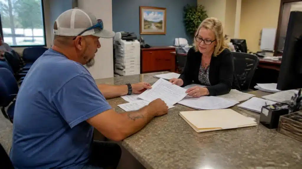 Highlands County contractor reviewing License and Guarantee Bond application paperwork with a county office representative in Florida.