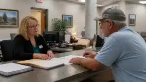 Highlands County licensing representative explaining License and Guarantee Bond requirements to a Florida contractor at a service counter.
