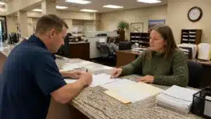 Florida contractor signing Highlands County License and Guarantee Bond paperwork while reviewing licensing requirements with an office representative.
