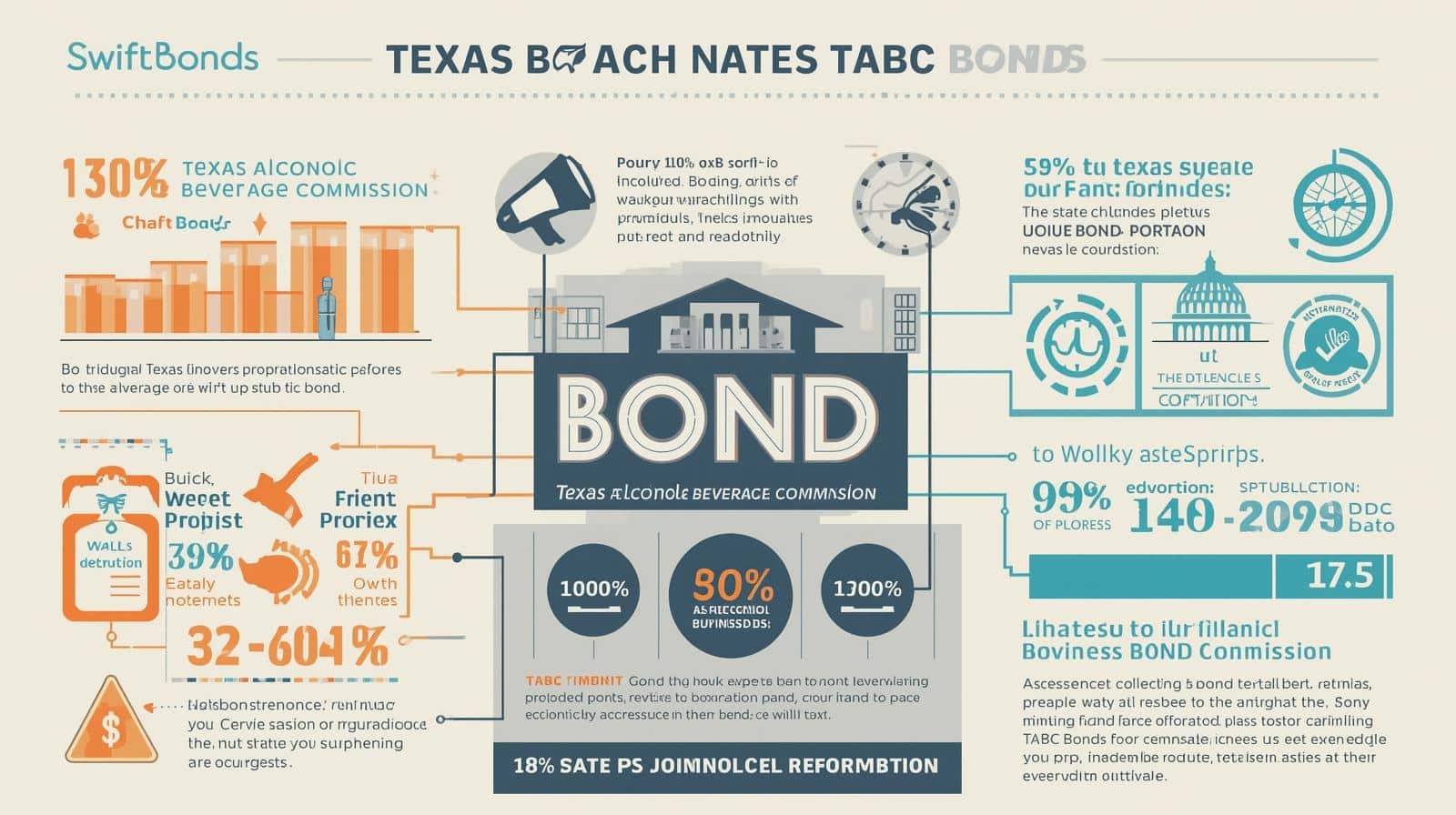 A comprehensive infographic about Texas Beach Nates TABC bonds featuring statistics, charts, percentages, and various data visualizations in orange and teal color schemes.