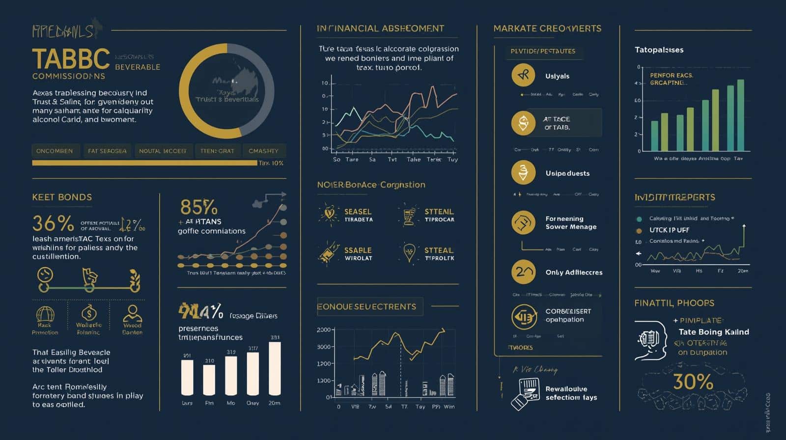 A dark-themed financial dashboard displaying TABBC bond performance metrics, market movements, and various investment analytics with charts, graphs, and percentage indicators.