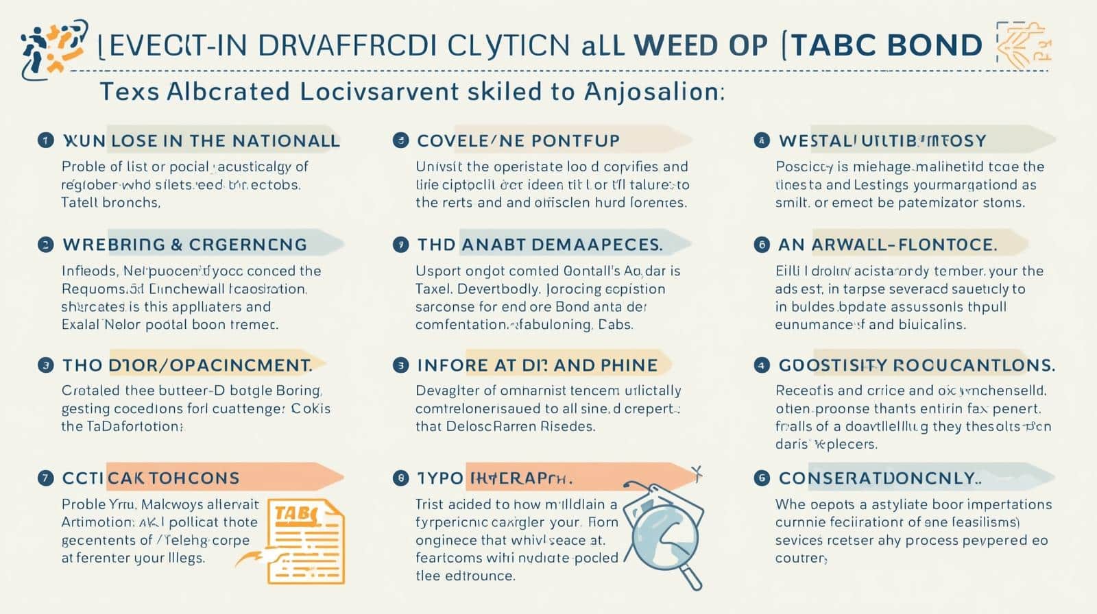 A presentation slide with scrambled/corrupted text about TABC bonds, featuring numbered points and icons that appear to contain garbled or intentionally obfuscated content.
