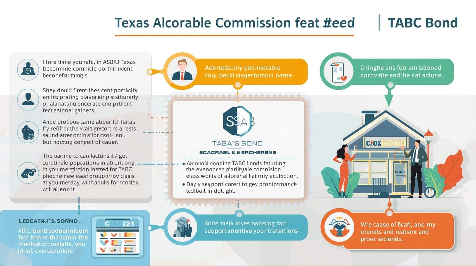 An infographic about Texas Alcoholic Commission and TABC bonds showing various stakeholder quotes, a central bond certificate design, and colorful speech bubbles with testimonials.