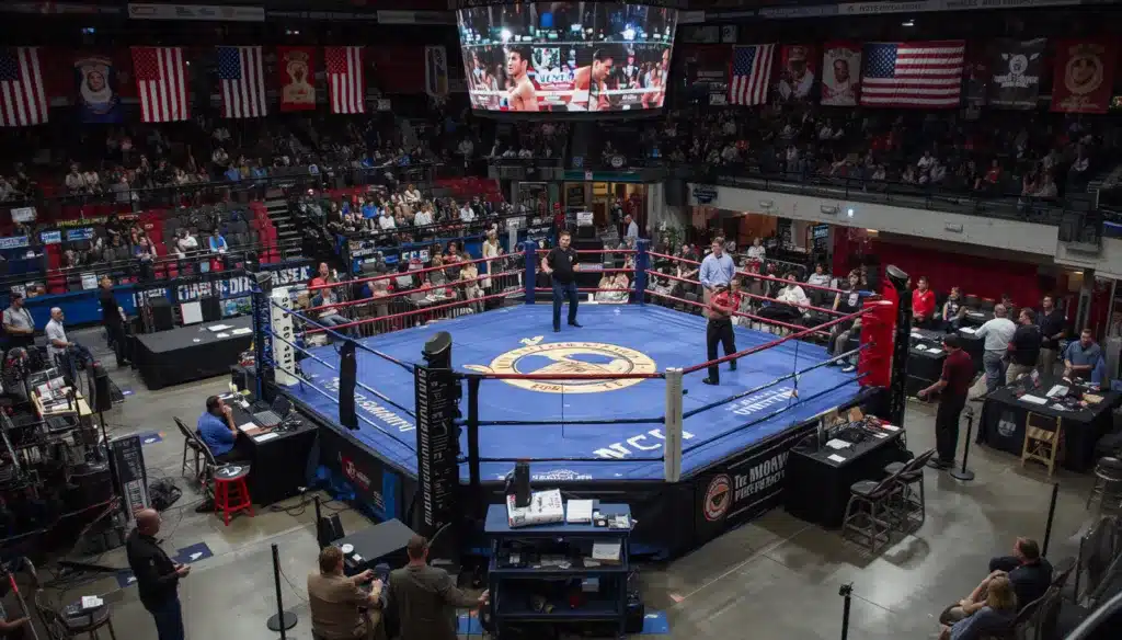 Professional wrestling and boxing arena with competitors, officials, and spectators, illustrating a Florida Miccosukee Athletic Commission promoter bond requirement.