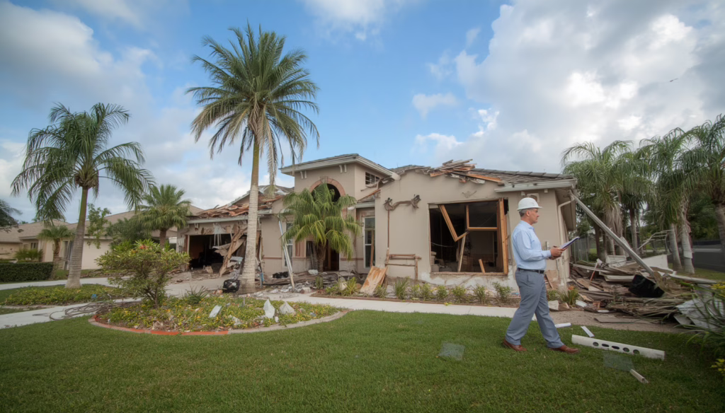 Florida Public Adjuster ($50,000) Bond professional documenting structural damage to a home during an insurance claim assessment.