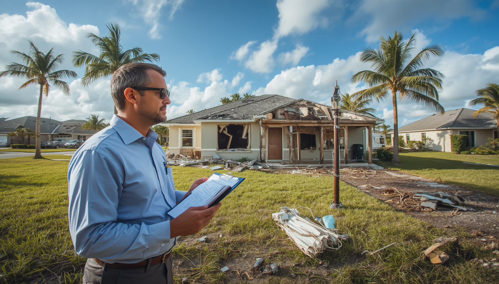 Florida public adjuster inspecting hurricane-related residential property damage while preparing an accurate insurance claim for the policyholder.