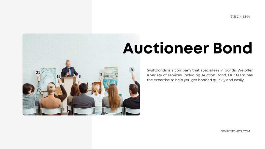 Auctioneer Bond - Auctioneer talking with microphone and looking at buyers with auction paddles during auction.