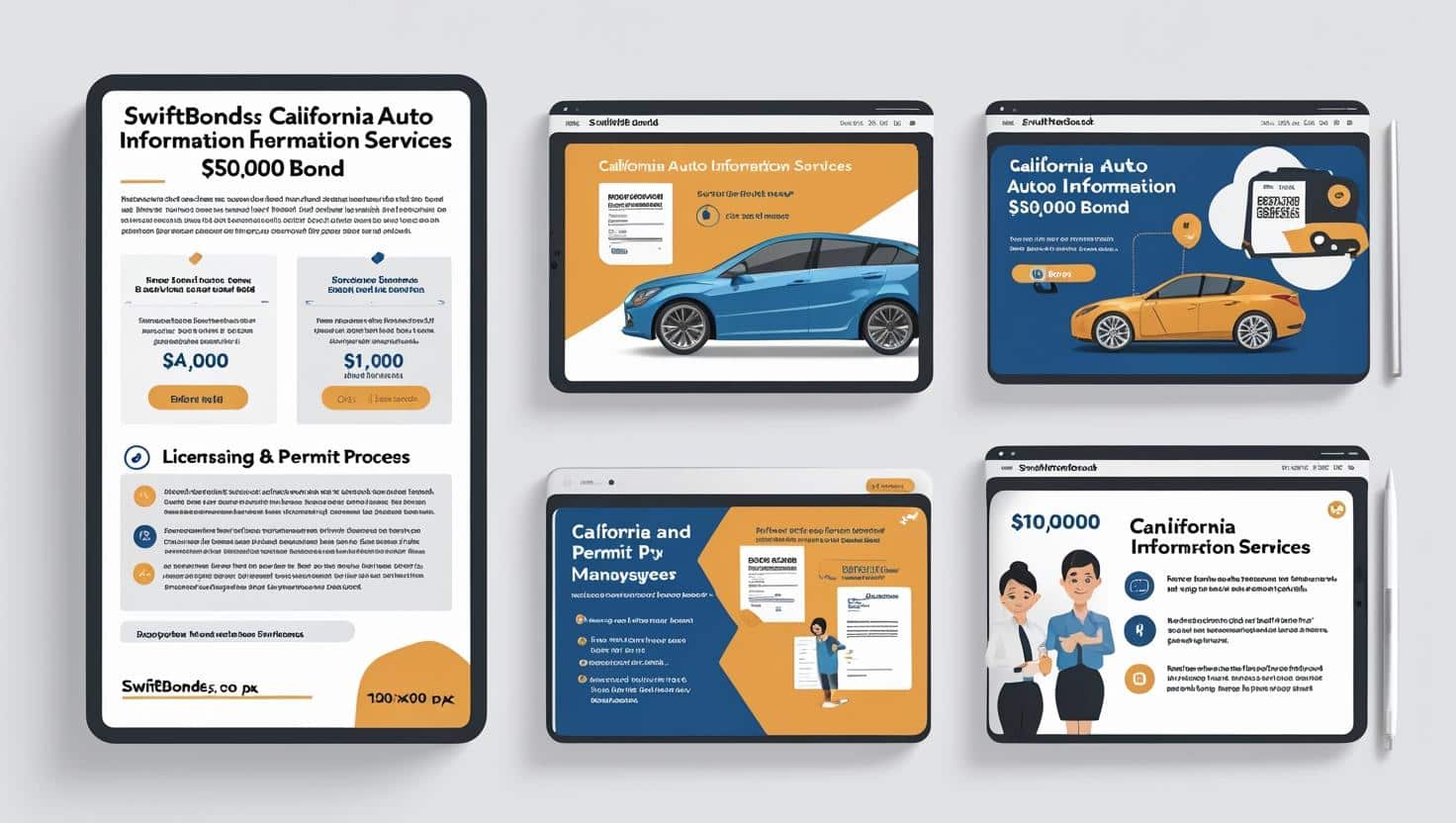 Tablet mockups showcasing steps and costs for the California Auto Information Services ,000 bond process.